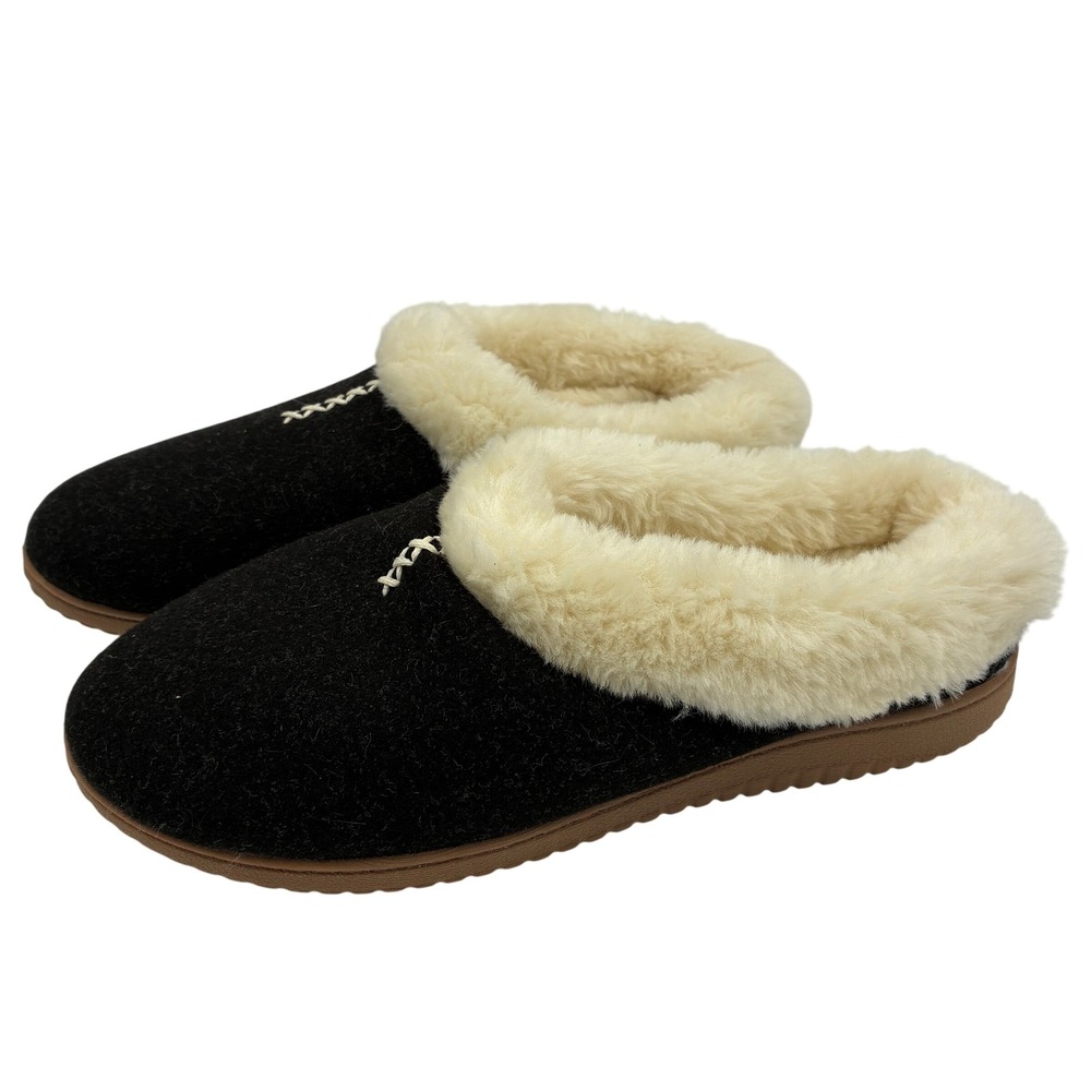 Dearfoams Women's XL‎ 11-12 Black Felt Faux Fur Lined Clog Slippers House Shoes